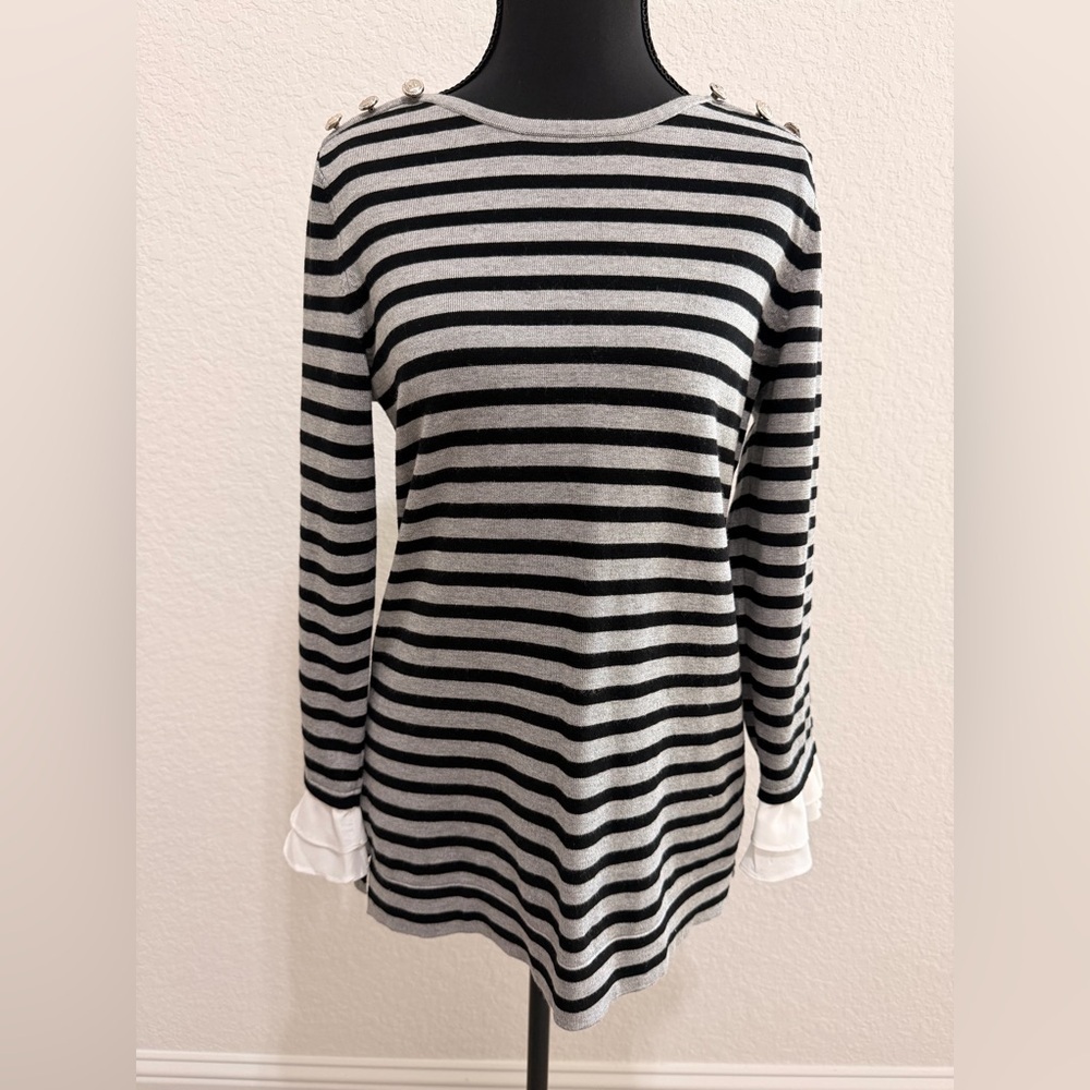 Karl Lagerfeld Paris Black & Grey Striped Knit Top | Ruffle Cuffs